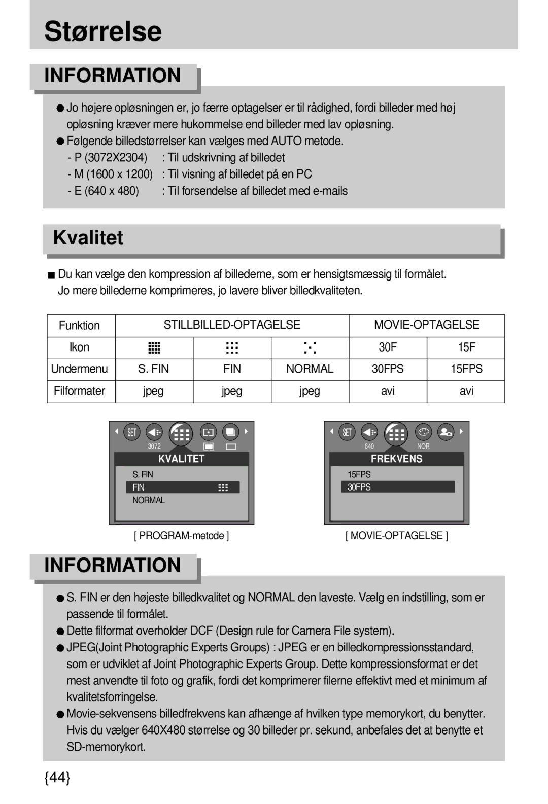 Samsung EC-A7ZZZSBB/E1 manual Størrelse, Kvalitet, Jpeg, Avi 