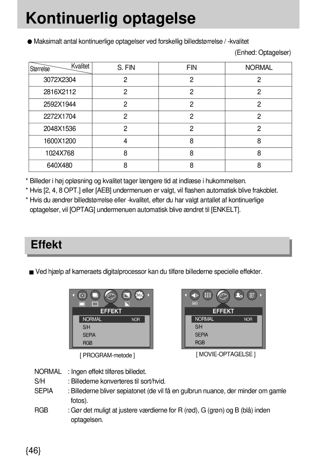 Samsung EC-A7ZZZSBB/E1 manual Kontinuerlig optagelse, Effekt, Normal, Rgb 