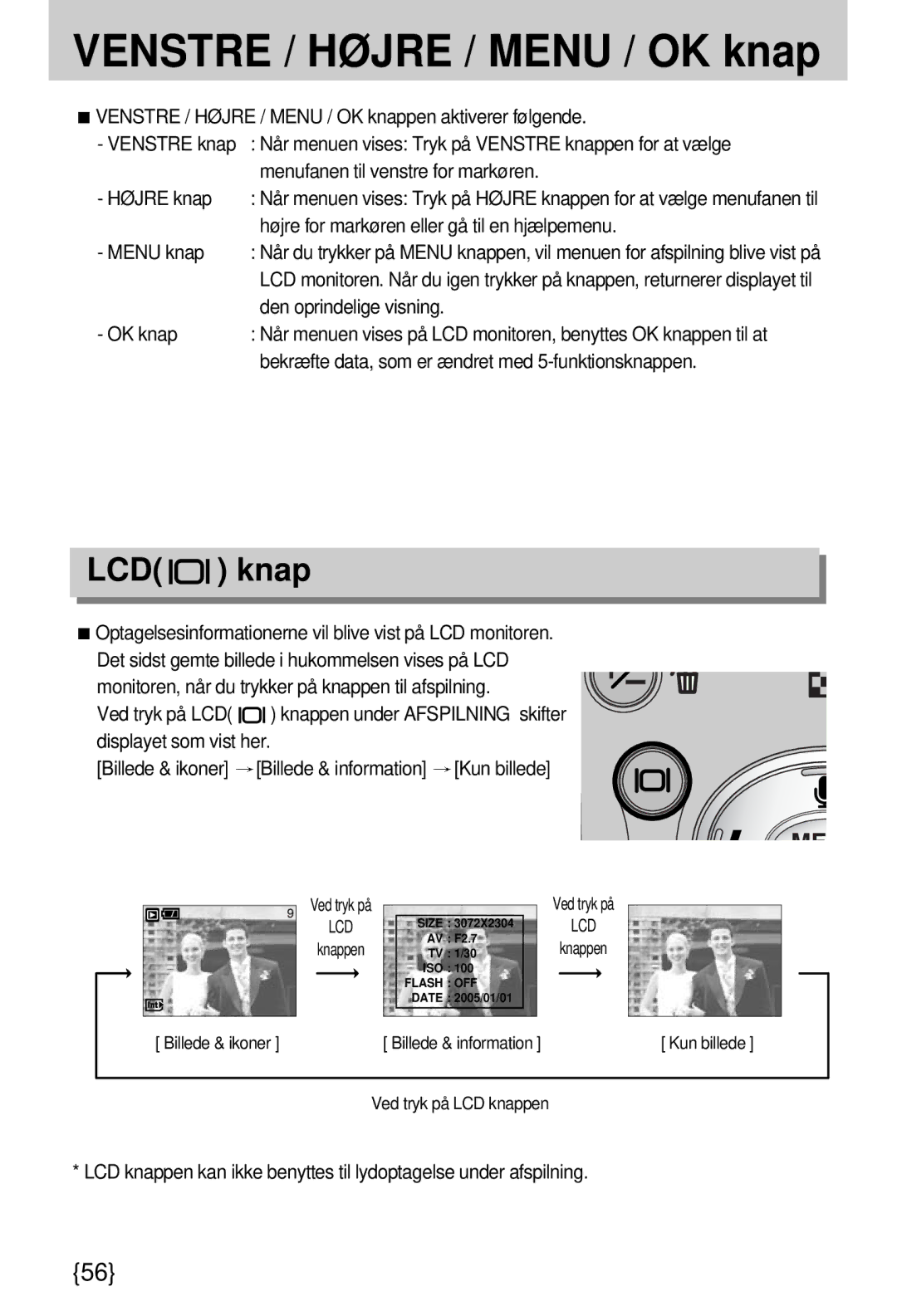 Samsung EC-A7ZZZSBB/E1 manual Venstre / Højre / Menu / OK knap 