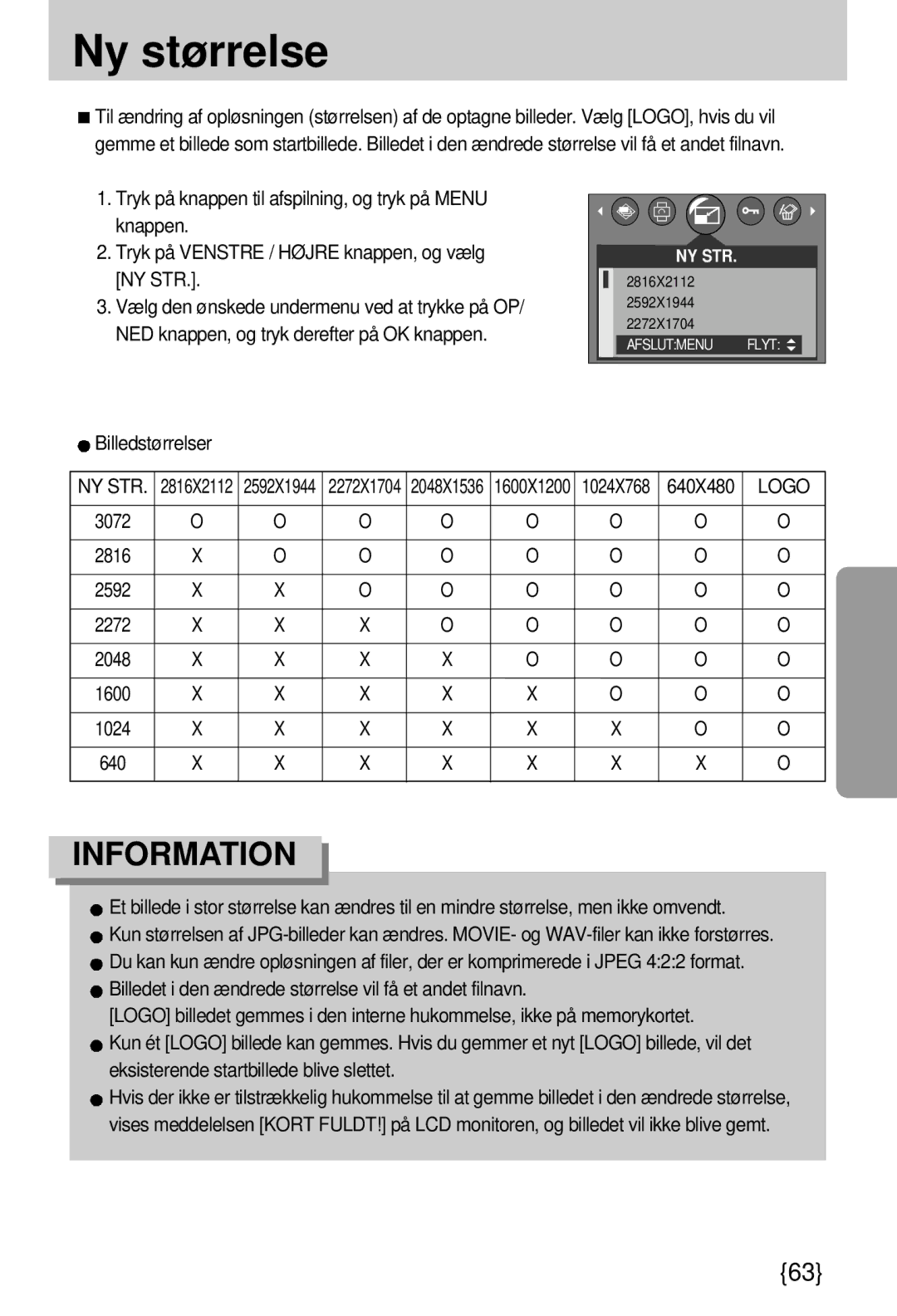 Samsung EC-A7ZZZSBB/E1 manual Ny størrelse, Billedstørrelser, Logo 