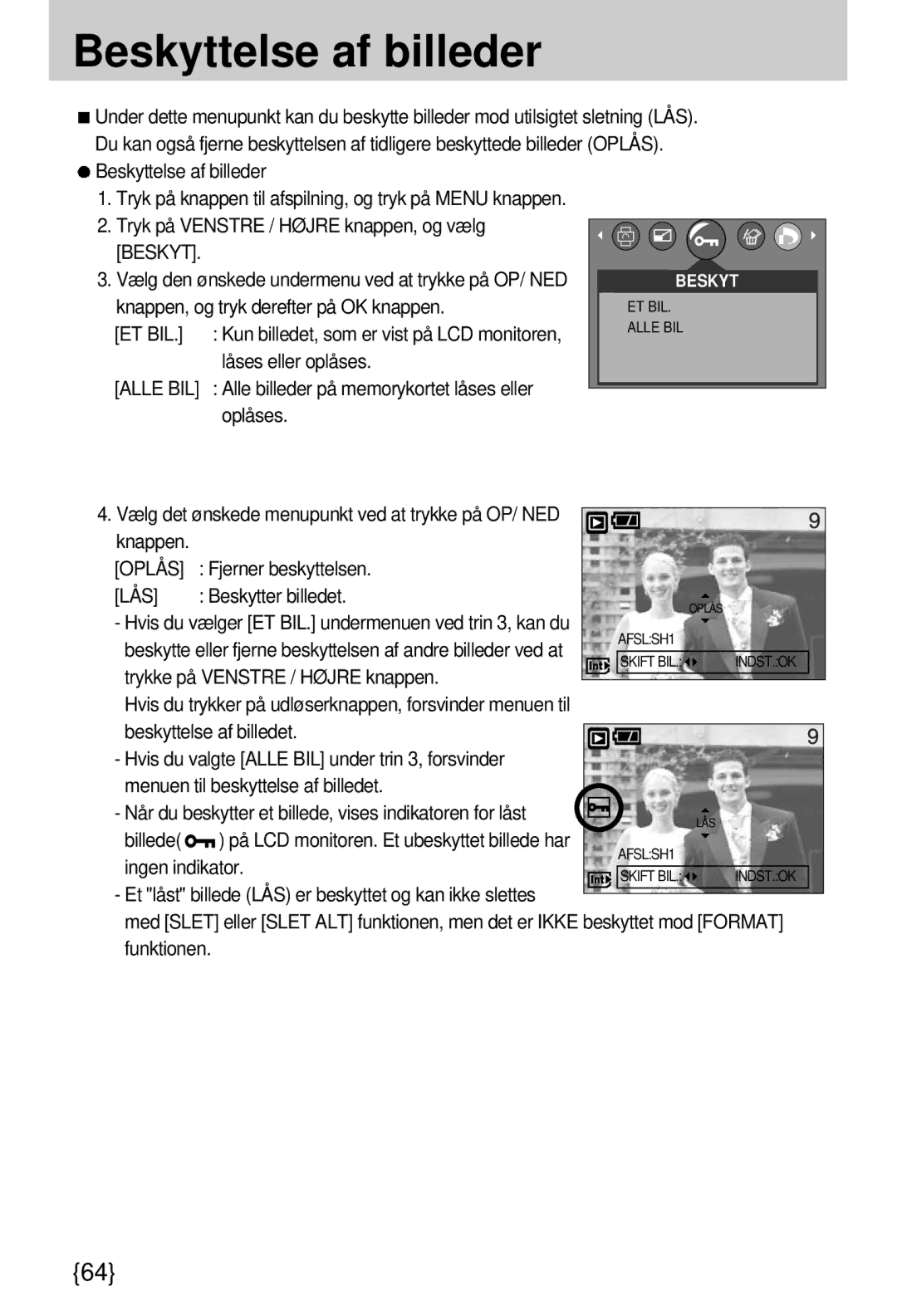 Samsung EC-A7ZZZSBB/E1 manual Beskyttelse af billeder, Et Bil, Oplås, Lås 