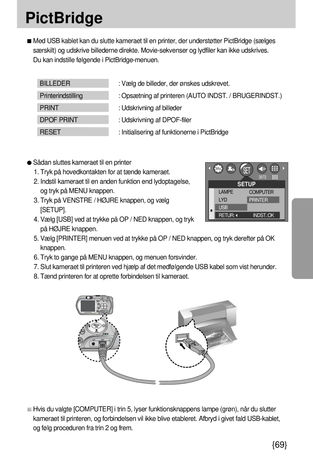 Samsung EC-A7ZZZSBB/E1 manual PictBridge, Billeder, Dpof Print, Setup 