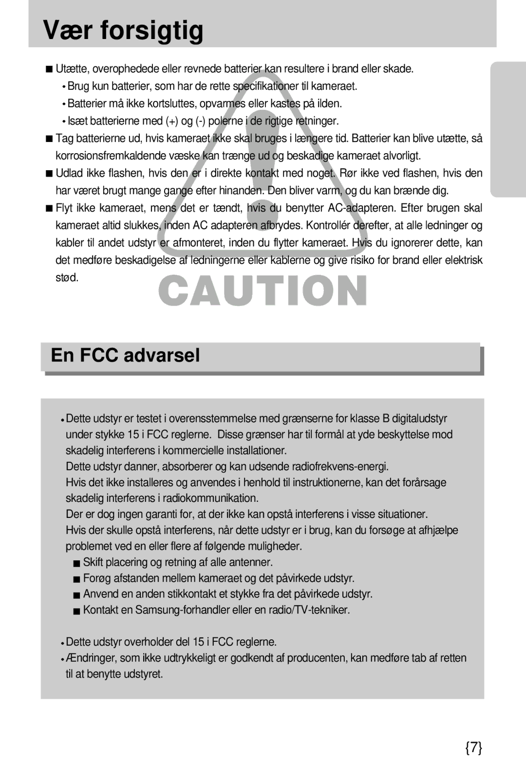 Samsung EC-A7ZZZSBB/E1 manual Vær forsigtig, En FCC advarsel 