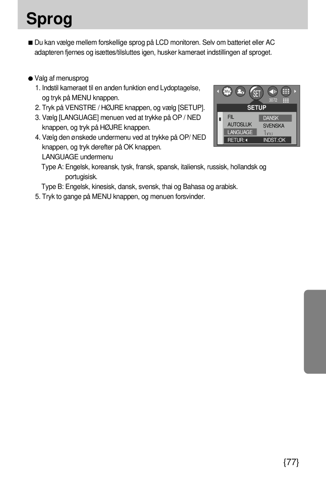 Samsung EC-A7ZZZSBB/E1 manual Sprog, Valg af menusprog 