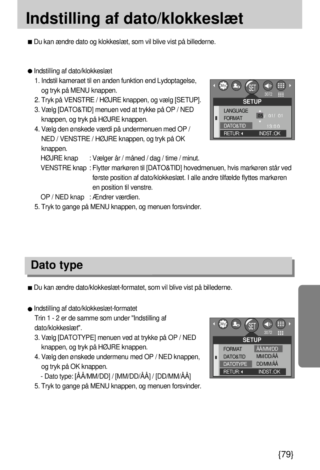 Samsung EC-A7ZZZSBB/E1 manual Indstilling af dato/klokkeslæt, Dato type, Vælg DATO&TID menuen ved at trykke på OP / NED 