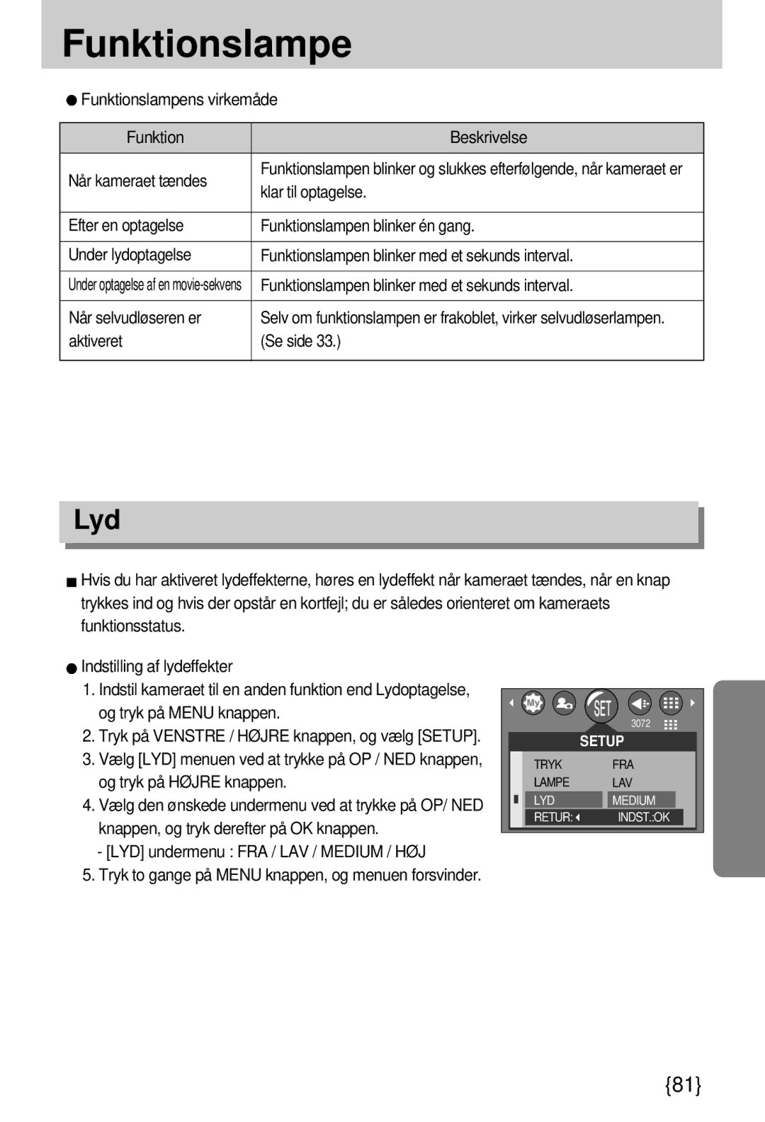 Samsung EC-A7ZZZSBB/E1 manual Funktionslampe, Lyd 