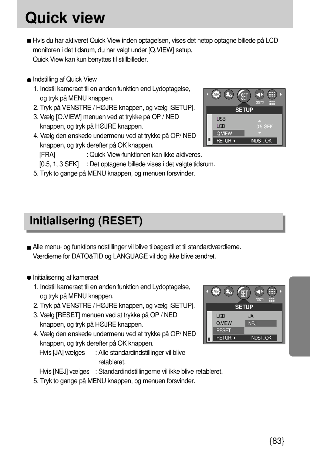 Samsung EC-A7ZZZSBB/E1 manual Quick view, Initialisering Reset 