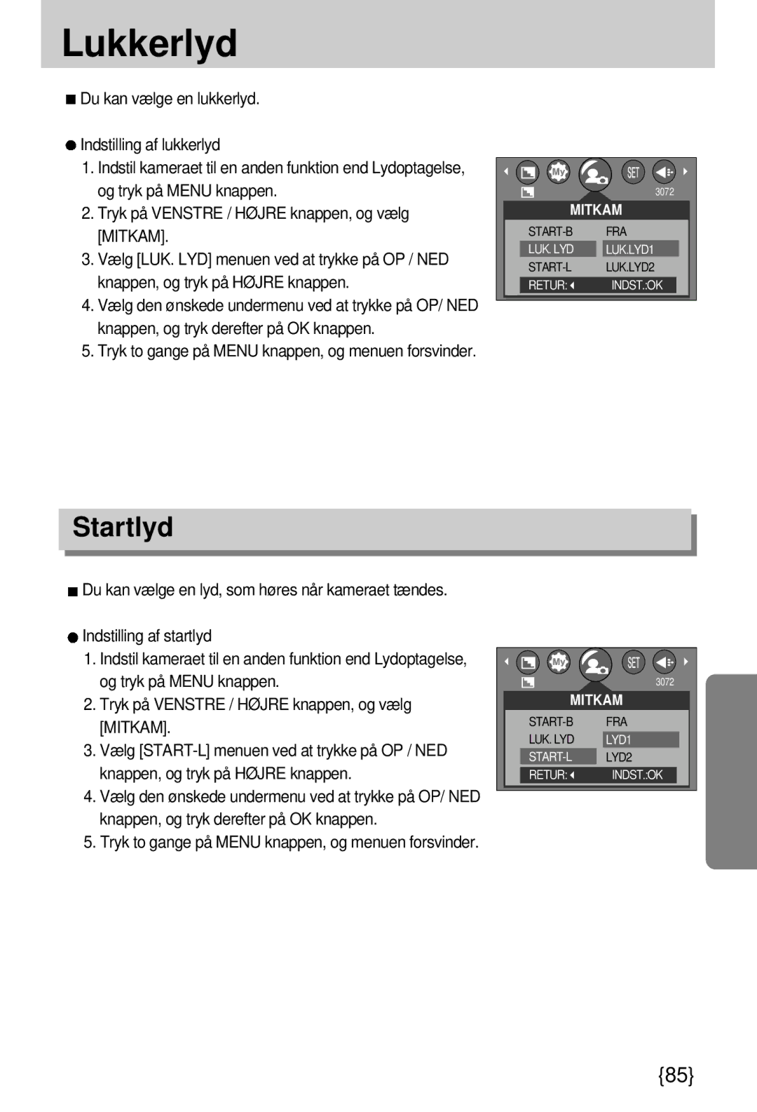 Samsung EC-A7ZZZSBB/E1 manual Lukkerlyd, Startlyd 