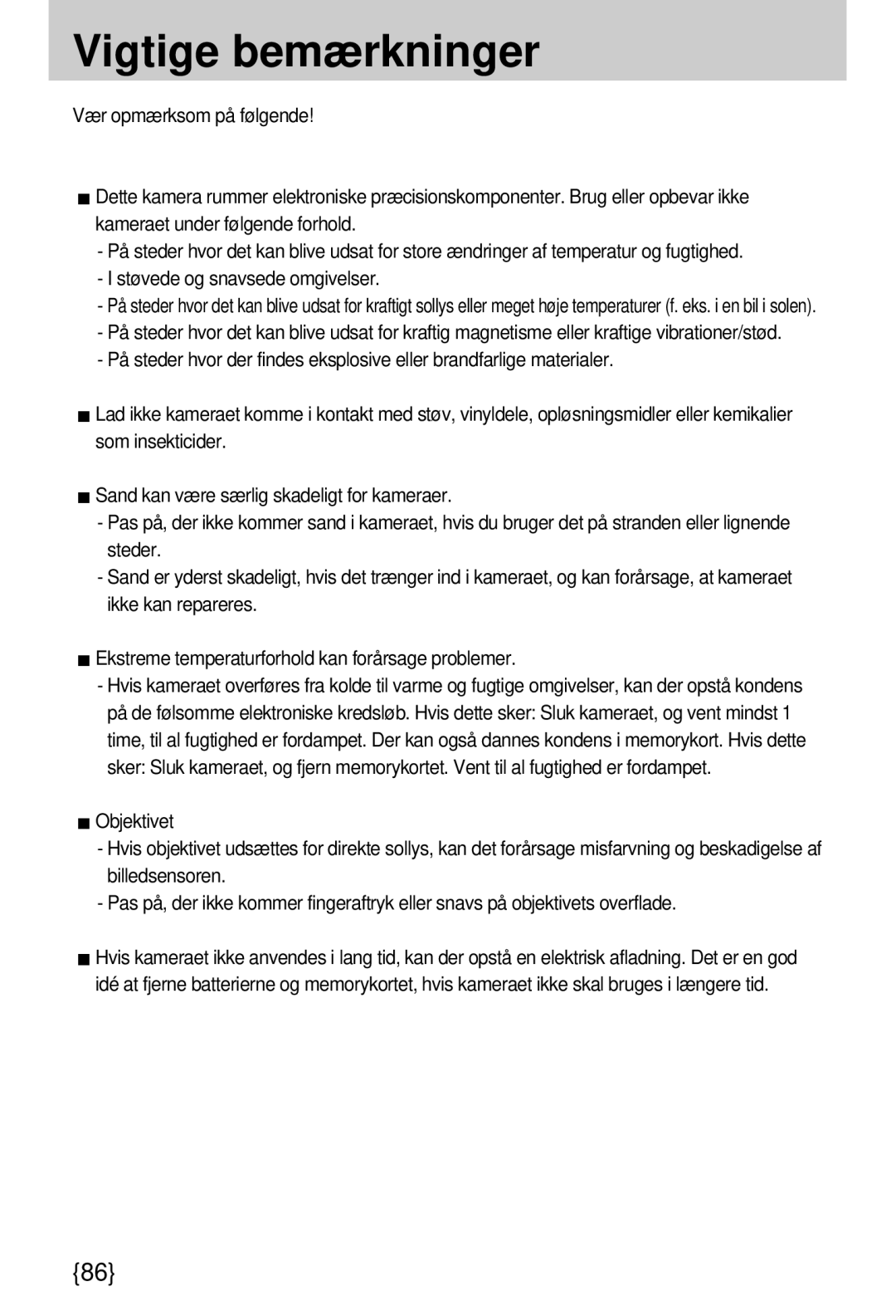 Samsung EC-A7ZZZSBB/E1 manual Vigtige bemærkninger 