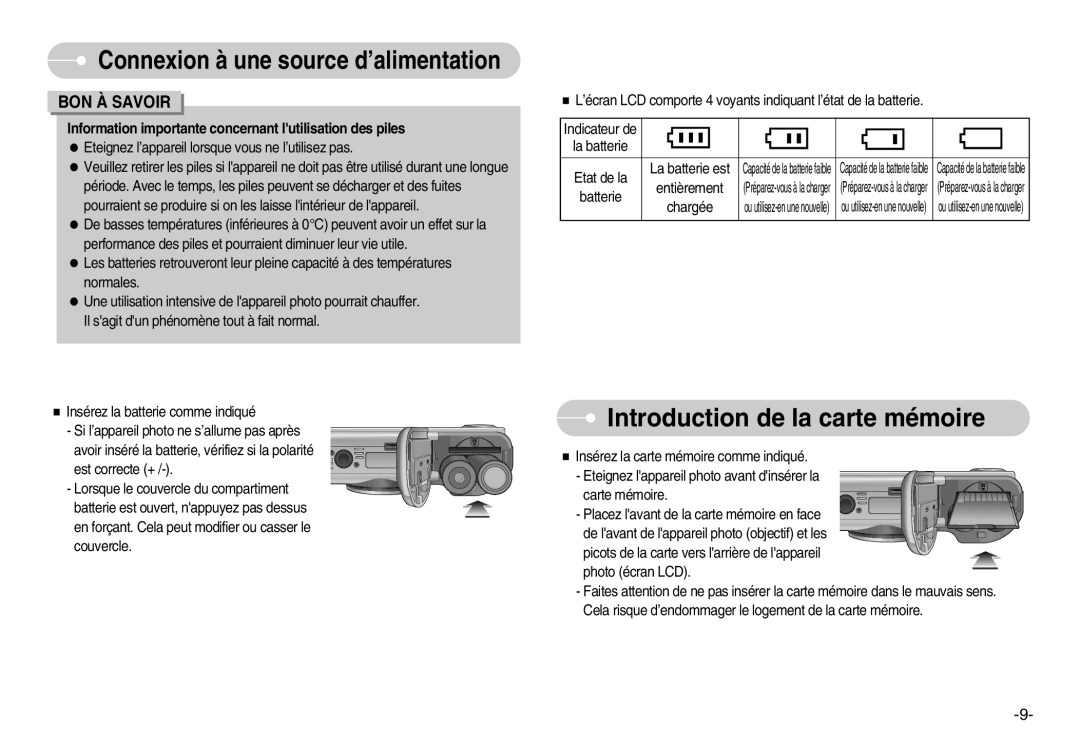 Samsung EC-D1030SBF/E1, EC-D1030BBF/E1 manual Introduction de la carte mémoire, Entièrement, Batterie, Chargée 