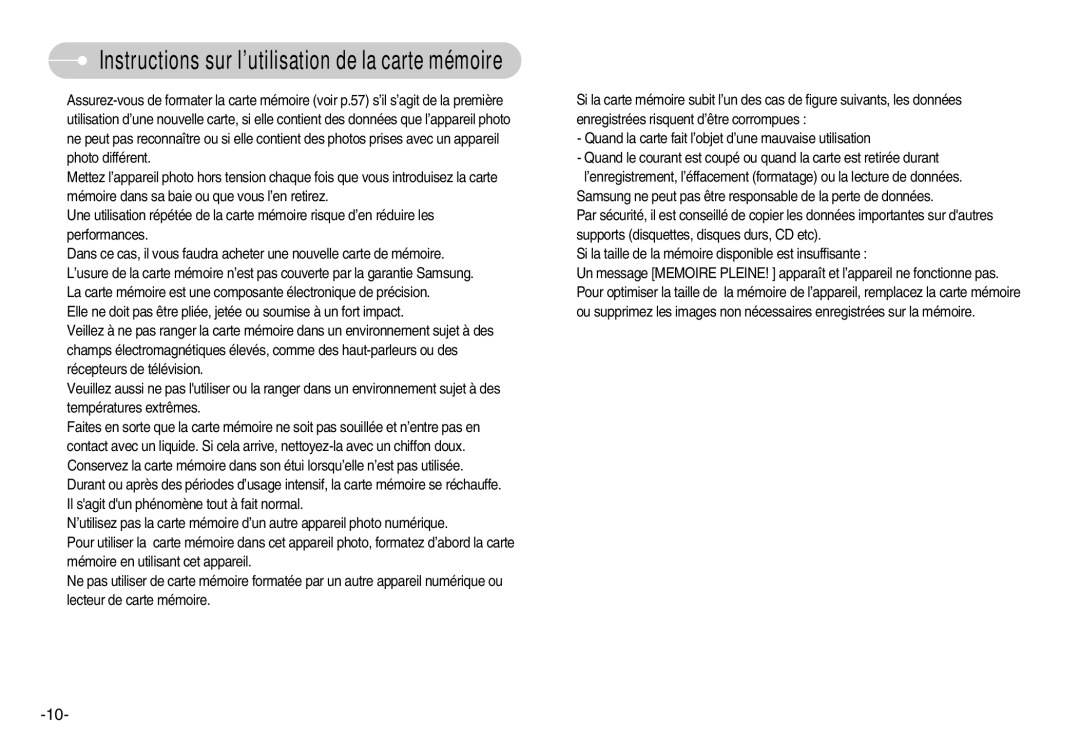 Samsung EC-D1030BBF/E1, EC-D1030SBF/E1 manual Instructions sur l’utilisation de la carte mémoire 