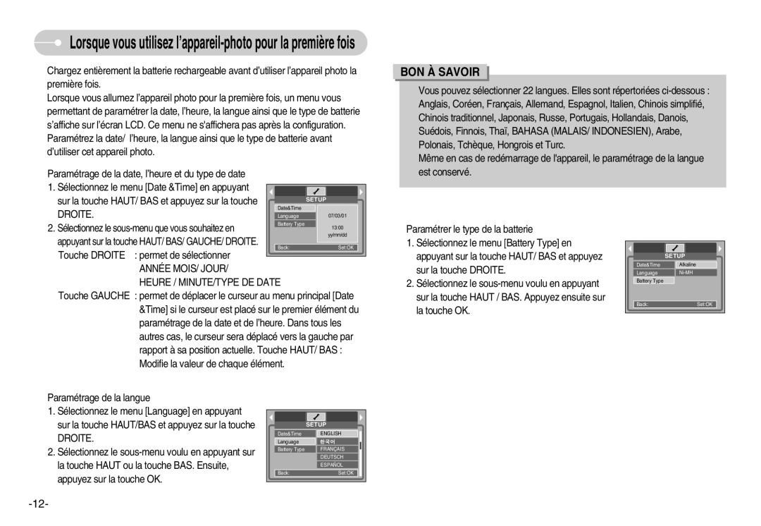 Samsung EC-D1030BBF/E1, EC-D1030SBF/E1 manual Droite, Sélectionnez le sous-menu que vous souhaitez en 