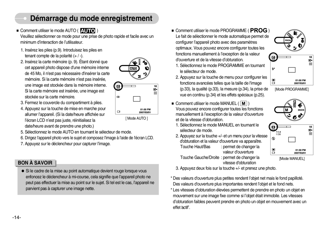 Samsung EC-D1030BBF/E1, EC-D1030SBF/E1 manual Démarrage du mode enregistrement 