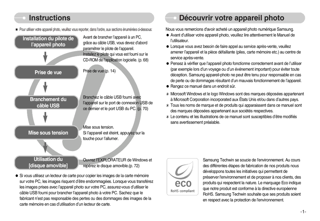 Samsung EC-D1030SBF/E1, EC-D1030BBF/E1 manual Instructions, Découvrir votre appareil photo 