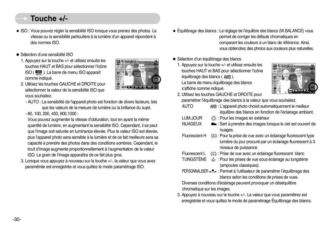 Samsung EC-D1030BBF/E1, EC-D1030SBF/E1 manual Lum.Jour, Nuageux, Tungstène 