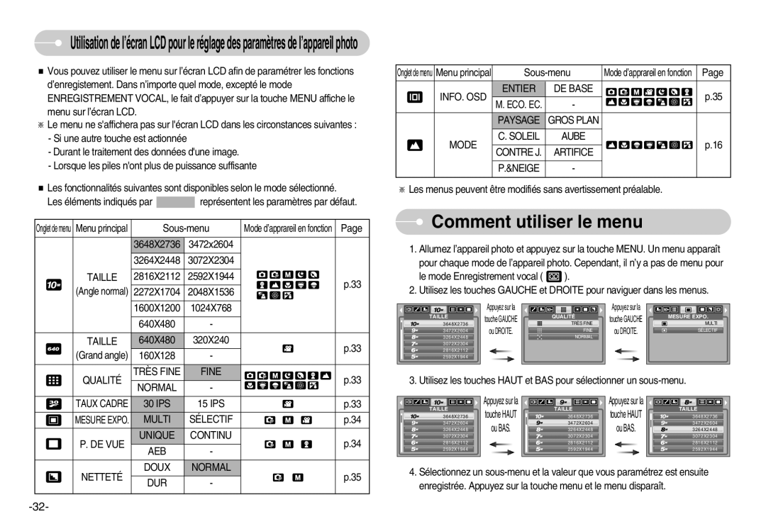 Samsung EC-D1030BBF/E1 manual Comment utiliser le menu, Taille, Qualité Très Fine Normal, INFO. OSD Entier DE Base 