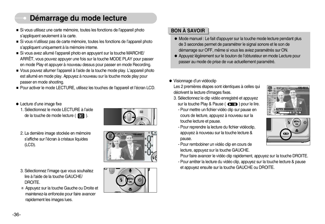 Samsung EC-D1030BBF/E1, EC-D1030SBF/E1 manual Démarrage du mode lecture 