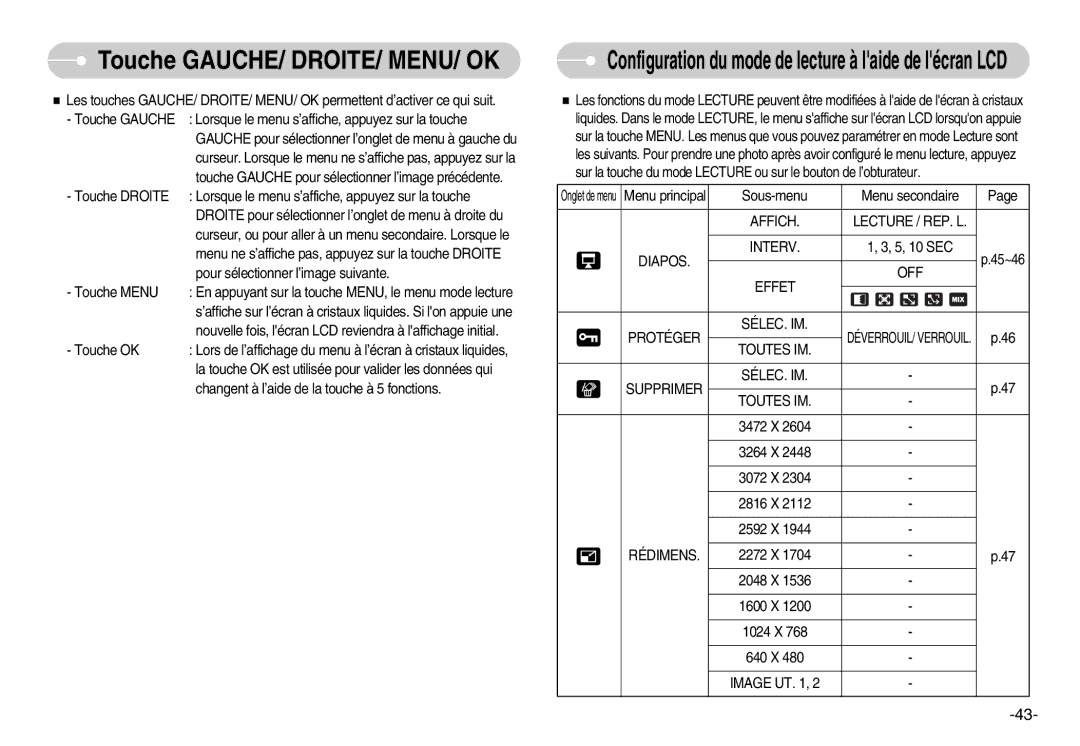 Samsung EC-D1030SBF/E1 manual Affich Lecture / REP. L Diapos Interv, Effet OFF Protéger SÉLEC. IM, Toutes IM, Rédimens 