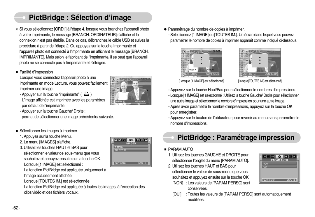 Samsung EC-D1030BBF/E1, EC-D1030SBF/E1 manual PictBridge Sélection d’image, Param Auto 