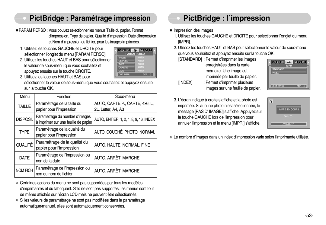 Samsung EC-D1030SBF/E1, EC-D1030BBF/E1 manual PictBridge l’impression, AUTO, HAUTE, NORMAL, Fine, AUTO, ARRÊT, Marche 