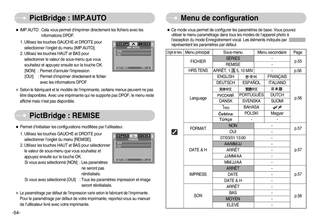 Samsung EC-D1030BBF/E1, EC-D1030SBF/E1 manual PictBridge IMP.AUTO, Menu de configuration, PictBridge Remise 