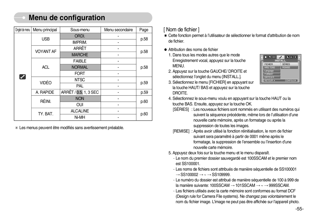 Samsung EC-D1030SBF/E1, EC-D1030BBF/E1 manual Réini NON OUI TY. BAT Alcaline, Menu 