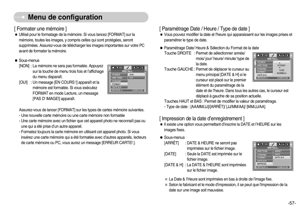 Samsung EC-D1030SBF/E1 manual Mois/ jour/ heure/ minute/ type de, La date, Touche Gauche Permet de déplacer le curseur au 