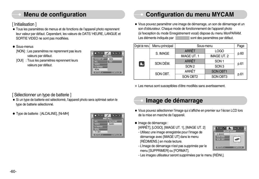 Samsung EC-D1030BBF/E1, EC-D1030SBF/E1 Configuration du menu Mycam, Image de démarrage, ARRÊT, LOGO, Image UT , Image UT 