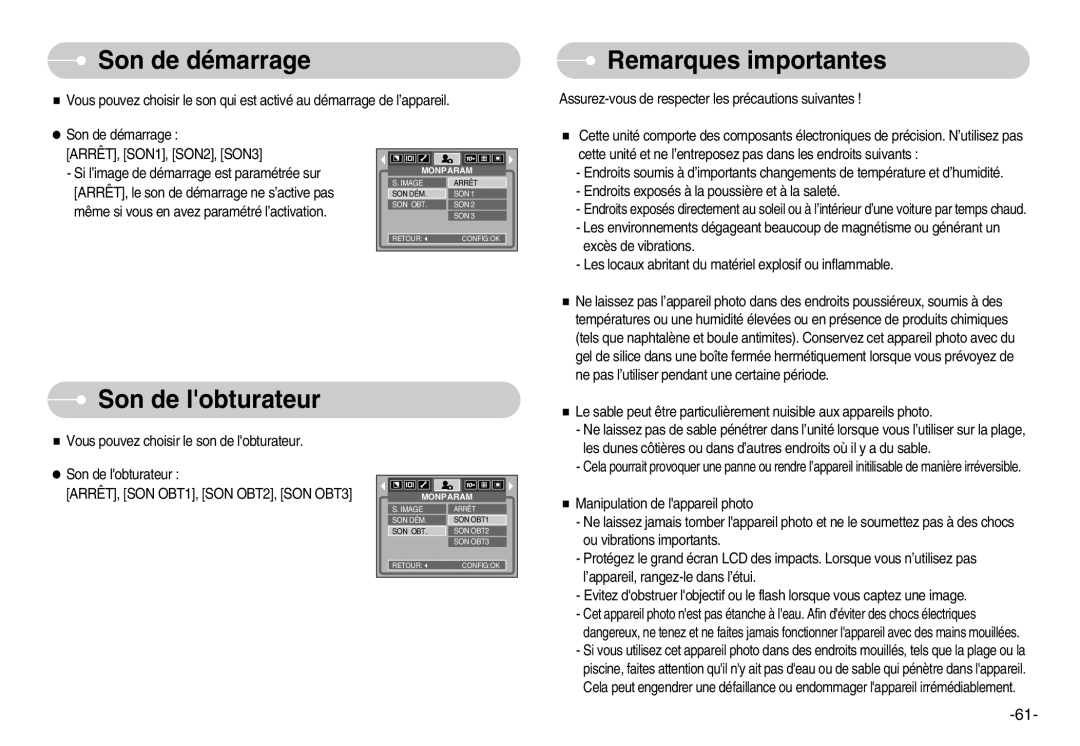 Samsung EC-D1030SBF/E1 Son de démarrage, Remarques importantes, Son de lobturateur, ARRÊT, SON OBT1, SON OBT2, SON OBT3 