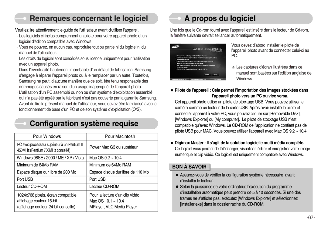 Samsung EC-D1030SBF/E1, EC-D1030BBF/E1 Remarques concernant le logiciel, Configuration système requise, Propos du logiciel 