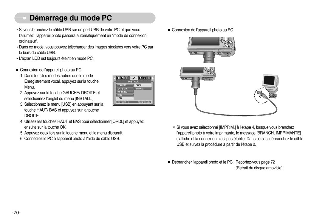 Samsung EC-D1030BBF/E1, EC-D1030SBF/E1 manual Démarrage du mode PC, Sélectionnez le menu USB en appuyant sur la 