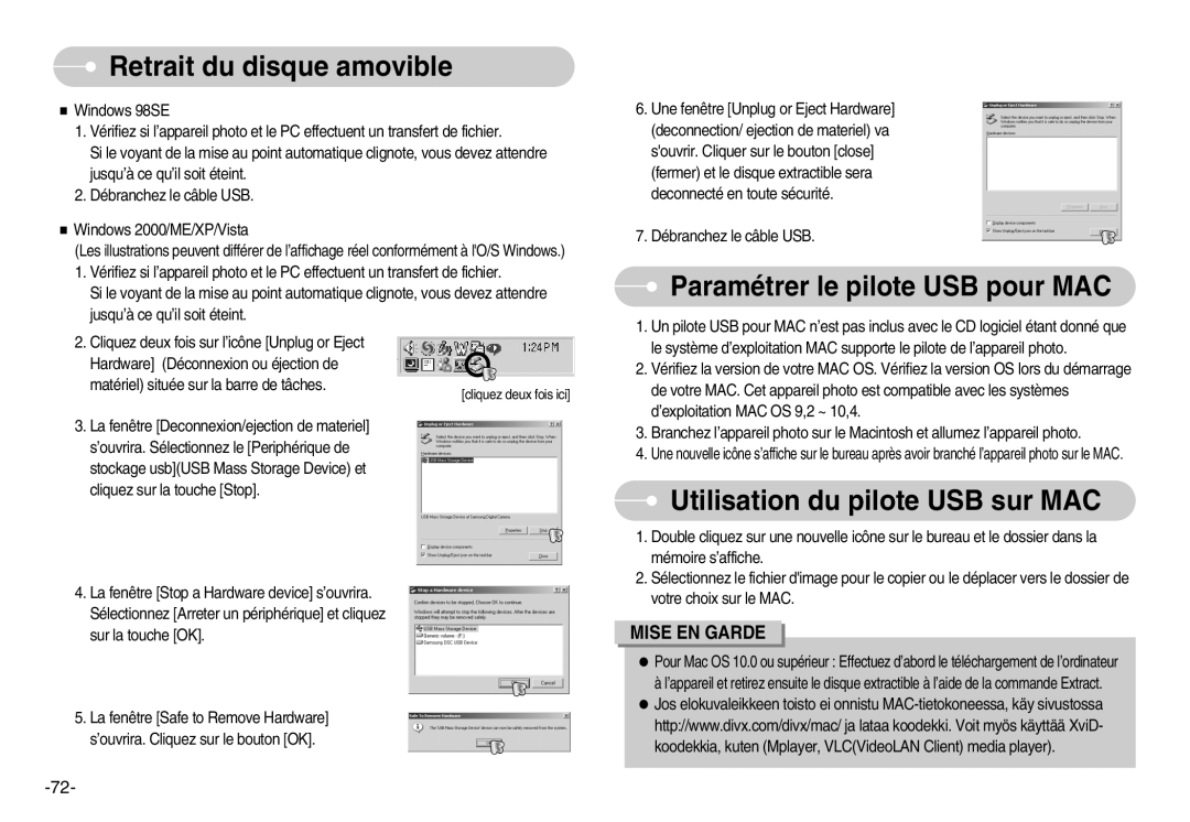 Samsung EC-D1030BBF/E1 Retrait du disque amovible, Paramétrer le pilote USB pour MAC, Utilisation du pilote USB sur MAC 