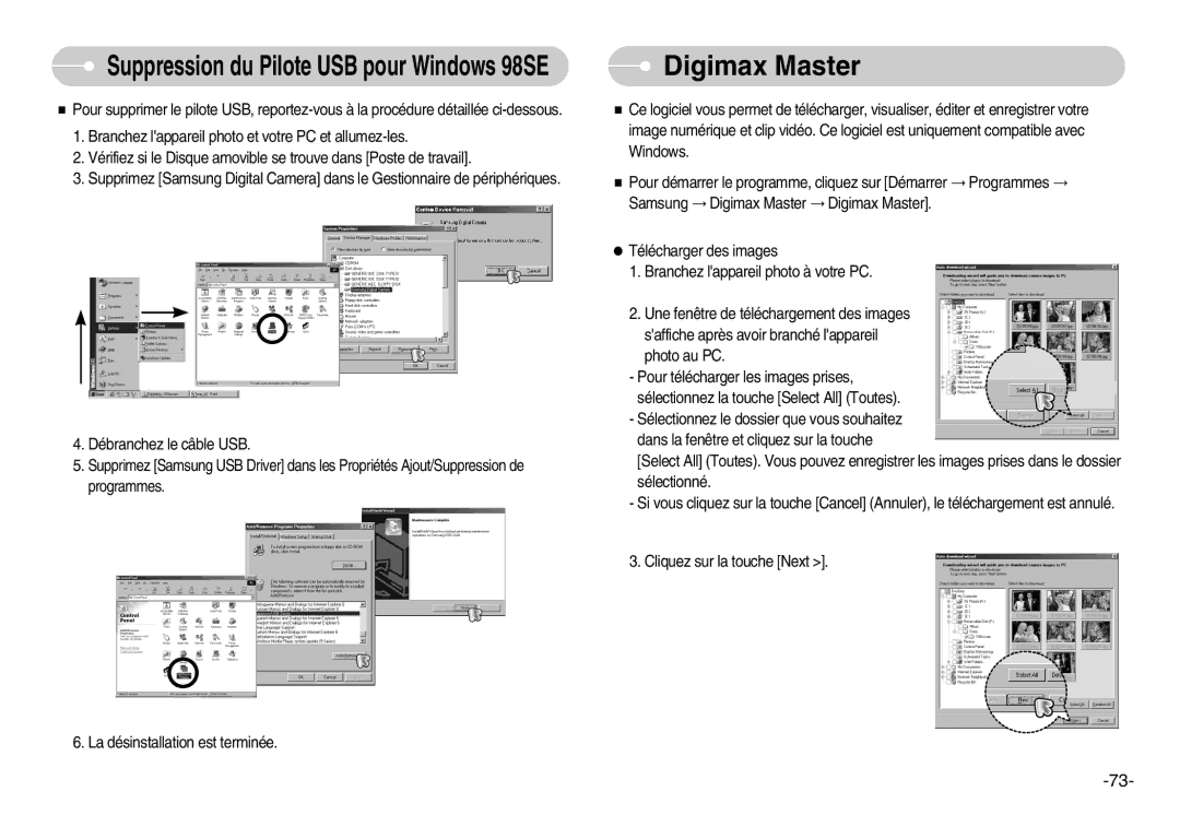 Samsung EC-D1030SBF/E1, EC-D1030BBF/E1 manual Digimax Master, Suppression du Pilote USB pour Windows 98SE 