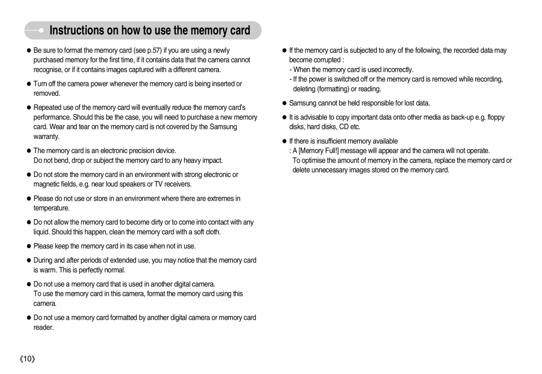 Samsung EC-D1030BBF/E1, EC-D1030SBF/E1 manual Instructions on how to use the memory card 