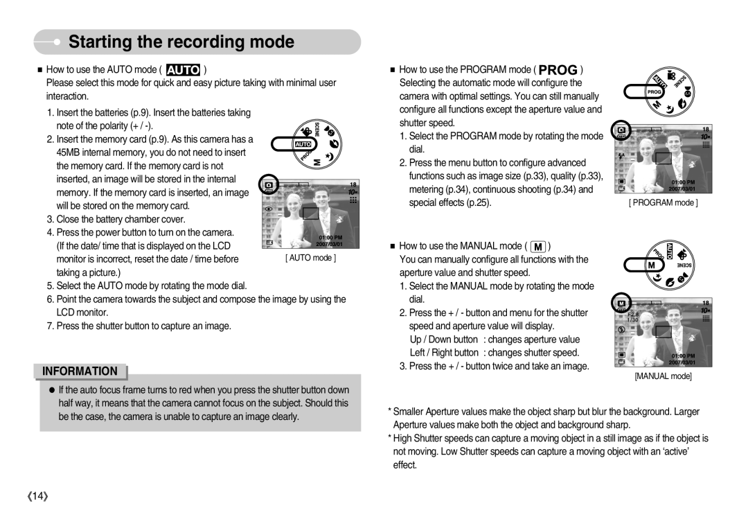 Samsung EC-D1030BBF/E1, EC-D1030SBF/E1 manual Starting the recording mode 