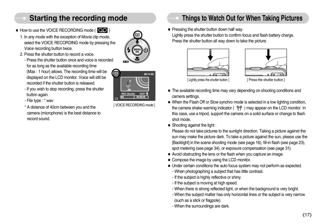 Samsung EC-D1030SBF/E1, EC-D1030BBF/E1 manual Things to Watch Out for When Taking Pictures 