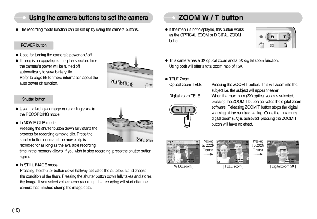 Samsung EC-D1030BBF/E1, EC-D1030SBF/E1 manual Zoom W / T button 