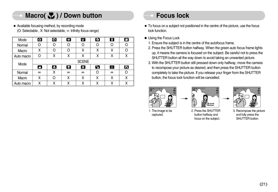 Samsung EC-D1030SBF/E1, EC-D1030BBF/E1 manual Focus lock, Scene 