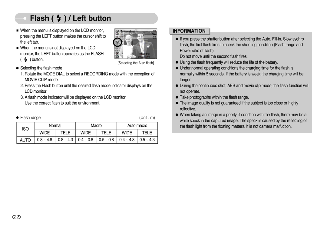 Samsung EC-D1030BBF/E1, EC-D1030SBF/E1 manual Flash / Left button, Wide Tele Auto 