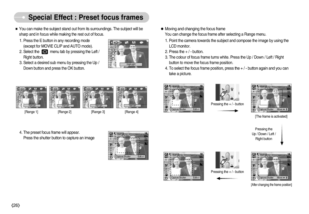 Samsung EC-D1030BBF/E1, EC-D1030SBF/E1 manual Special Effect Preset focus frames 