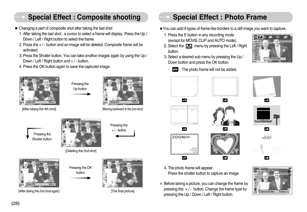 Samsung EC-D1030BBF/E1, EC-D1030SBF/E1 manual Special Effect Photo Frame, Photo frame will not be added 