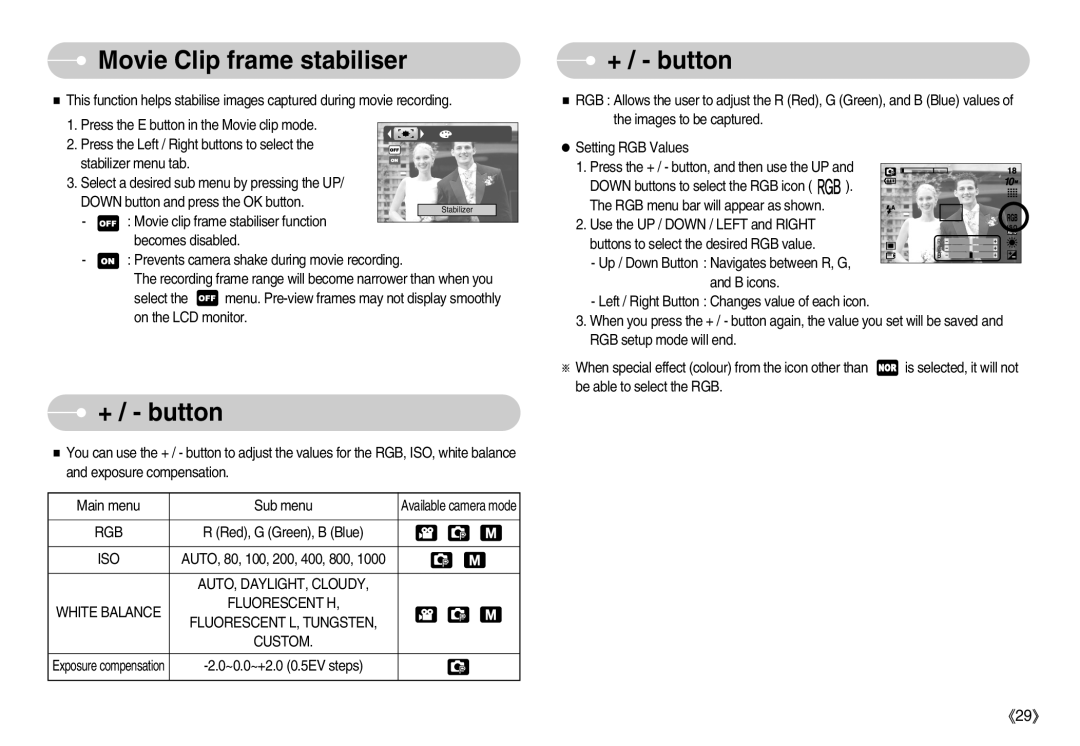 Samsung EC-D1030SBF/E1, EC-D1030BBF/E1 manual Movie Clip frame stabiliser, + / button 