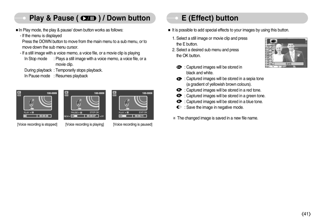 Samsung EC-D1030SBF/E1, EC-D1030BBF/E1 manual Play & Pause / Down button, Effect button 