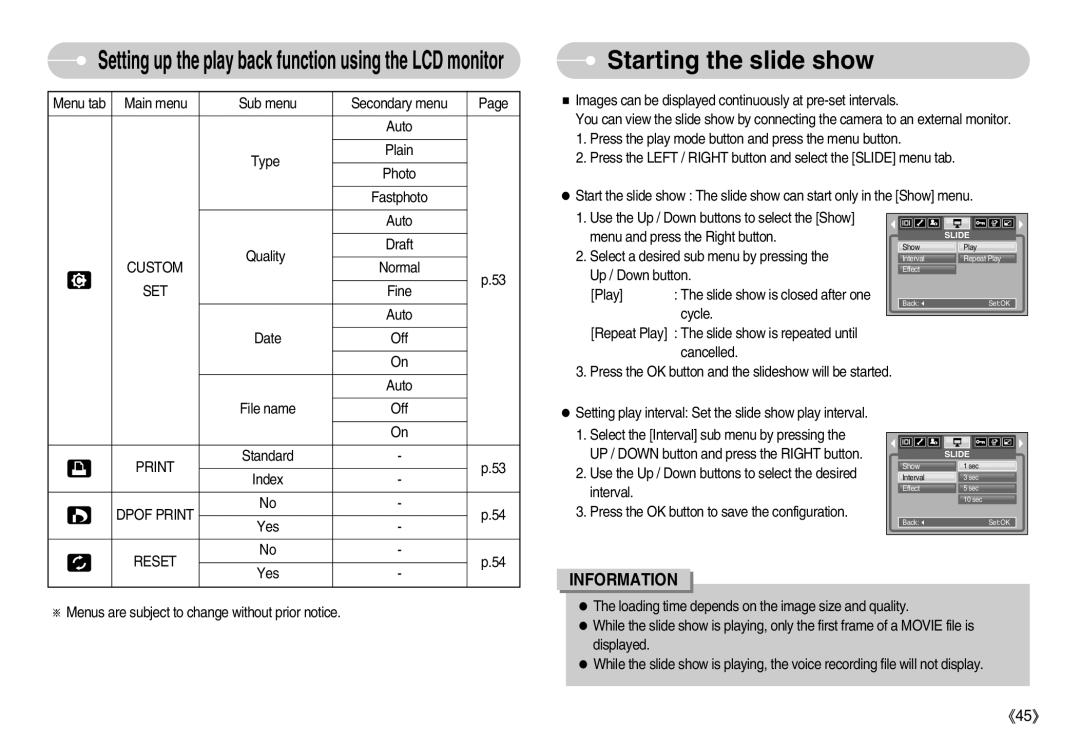 Samsung EC-D1030SBF/E1, EC-D1030BBF/E1 manual Starting the slide show, Dpof Print, Reset 