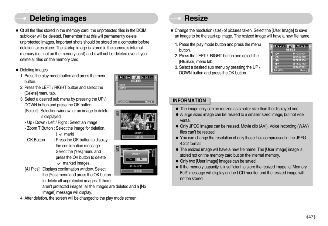 Samsung EC-D1030SBF/E1, EC-D1030BBF/E1 manual Deleting images, Resize 