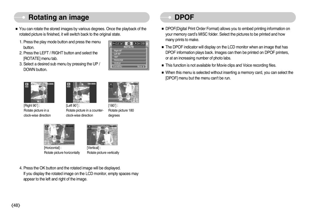 Samsung EC-D1030BBF/E1, EC-D1030SBF/E1 manual Rotating an image, Dpof 