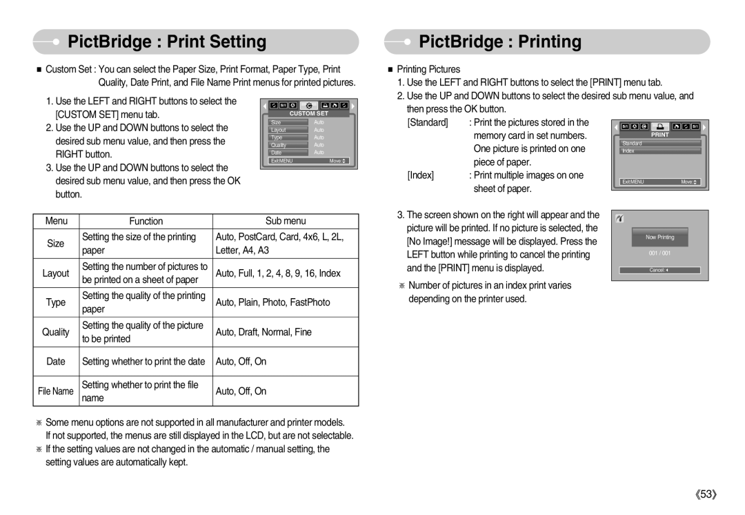 Samsung EC-D1030SBF/E1, EC-D1030BBF/E1 manual PictBridge Printing 