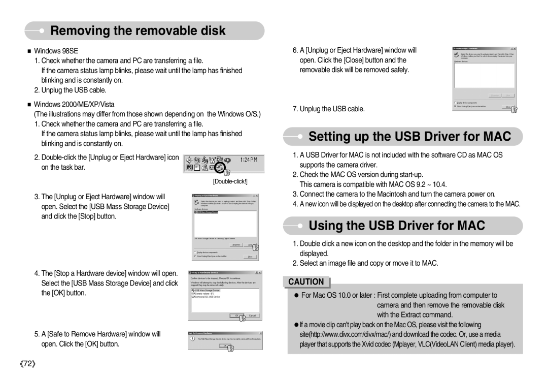 Samsung EC-D1030BBF/E1 manual Removing the removable disk, Setting up the USB Driver for MAC, Using the USB Driver for MAC 