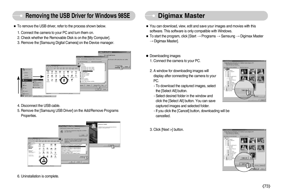 Samsung EC-D1030SBF/E1, EC-D1030BBF/E1 manual Digimax Master, Removing the USB Driver for Windows 98SE 