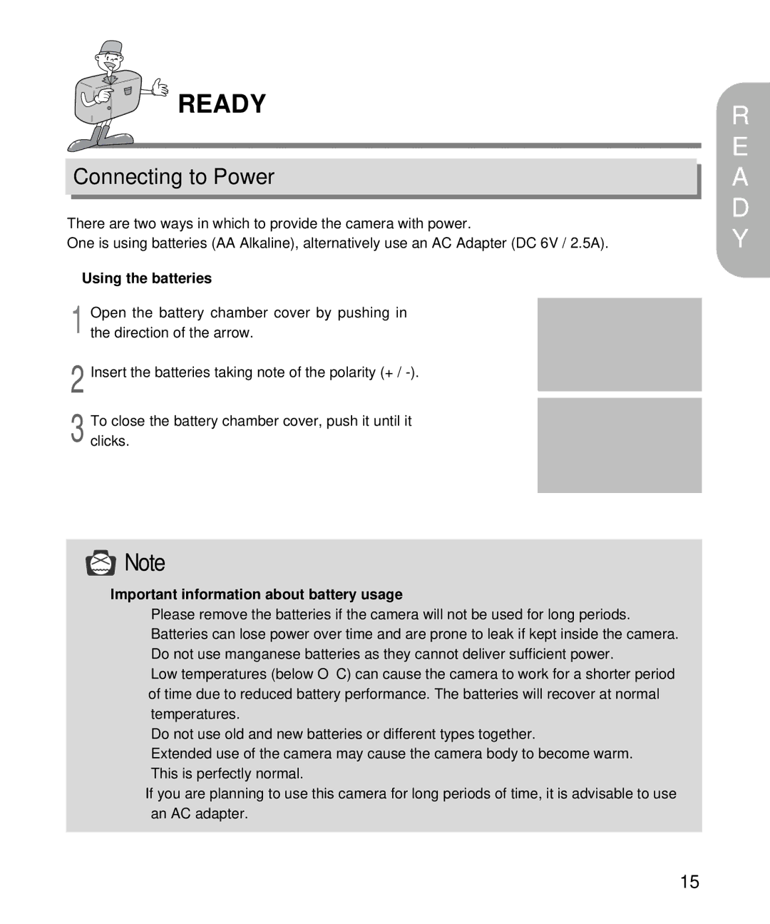 Samsung EC-D130ZSBA/E1 manual Ready, Connecting to Power, Using the batteries, Important information about battery usage 